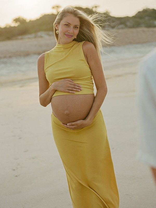 Beaumama robe longue grossesse enceinte shooting costume deux pièces moulante moutarde femme enceinte