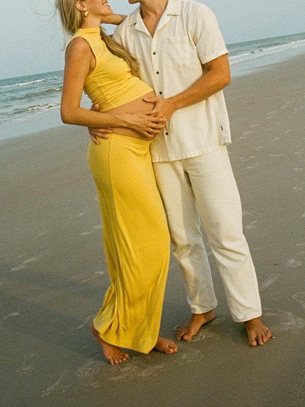 Beaumama robe longue grossesse enceinte shooting costume deux pièces moulante moutarde femme enceinte