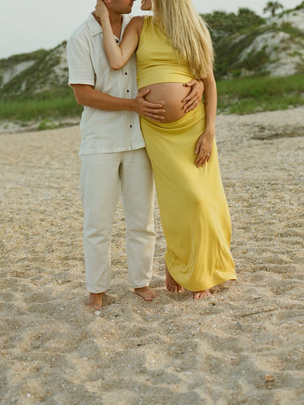 Beaumama robe longue grossesse enceinte shooting costume deux pièces moulante moutarde femme enceinte