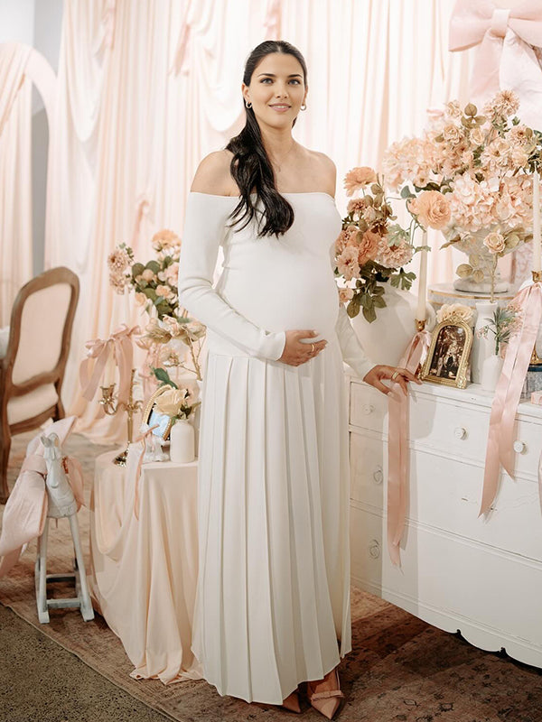 Beaumama robe longue grossesse babyshower épaule dénudée plissé fendu le côté blanche femme enceinte
