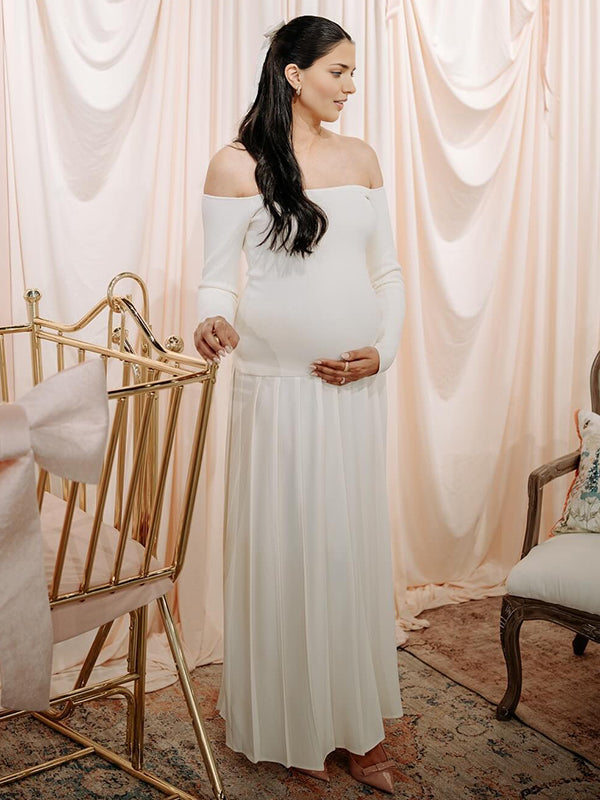 Beaumama robe longue grossesse babyshower épaule dénudée plissé fendu le côté blanche femme enceinte