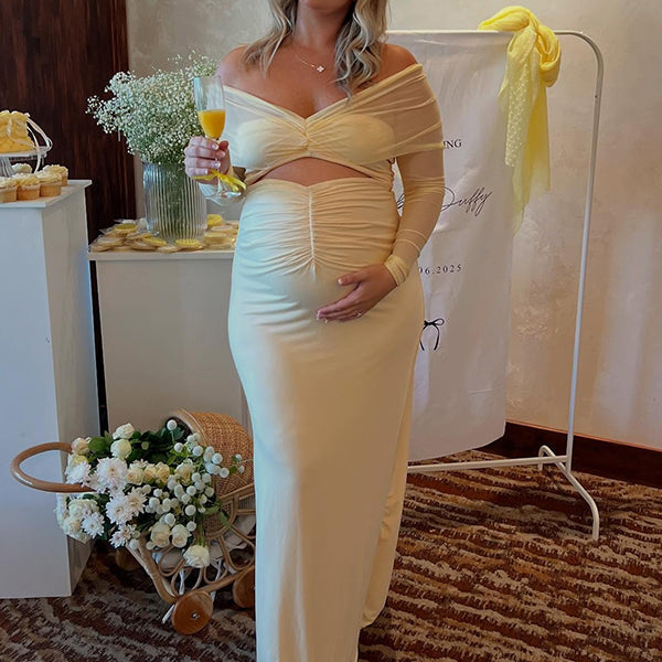 Beaumama robe longue grossesse chic babyshower tulle épaule dénudée découpe jaune femme enceinte