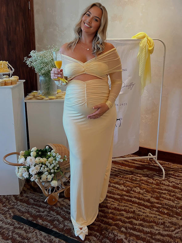 Beaumama robe longue grossesse chic babyshower tulle épaule dénudée découpe jaune femme enceinte