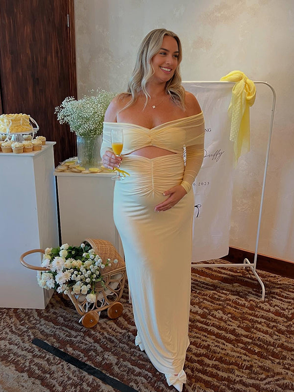 Beaumama robe longue grossesse chic babyshower tulle épaule dénudée découpe jaune femme enceinte