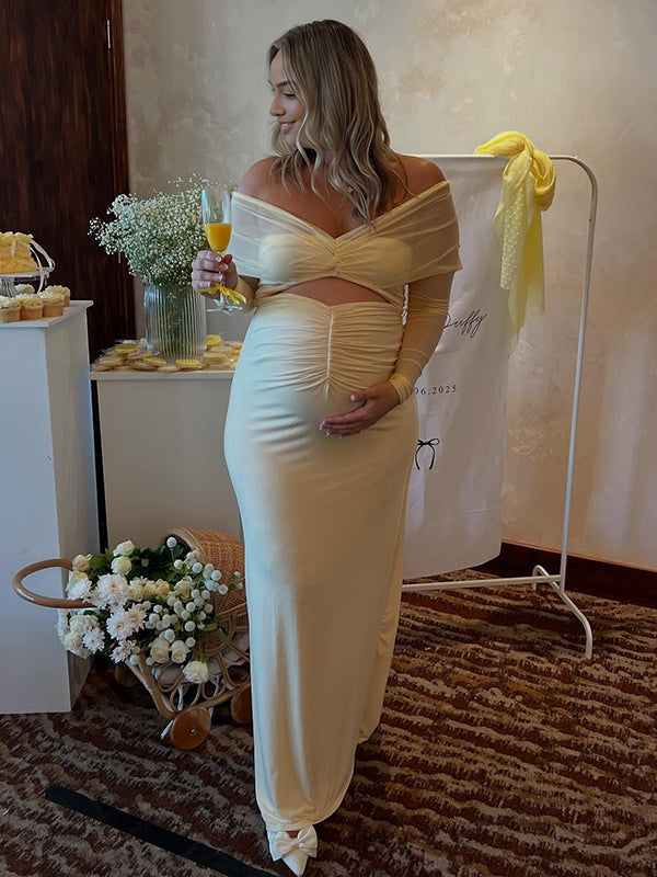 Beaumama robe longue grossesse chic babyshower tulle épaule dénudée découpe jaune femme enceinte