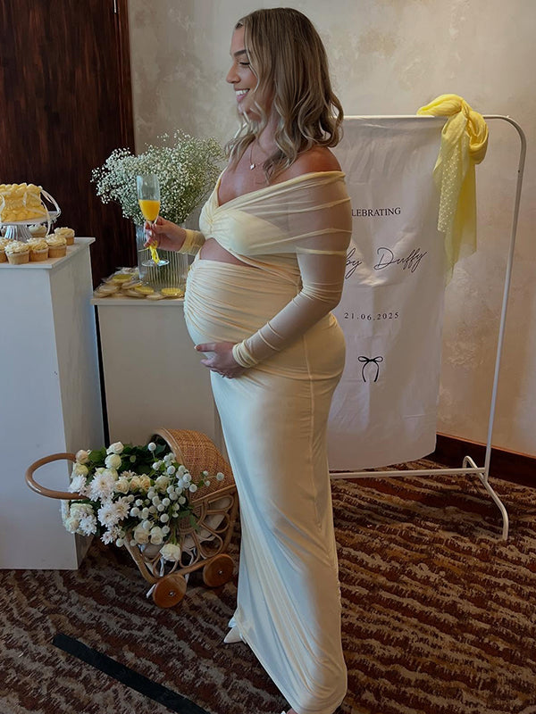 Beaumama robe longue grossesse chic babyshower tulle épaule dénudée découpe jaune femme enceinte