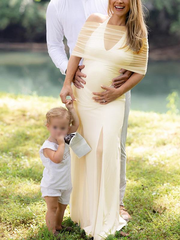 Beaumama robe photo longue grossesse chic tulle épissage sirene jaune femme enceinte