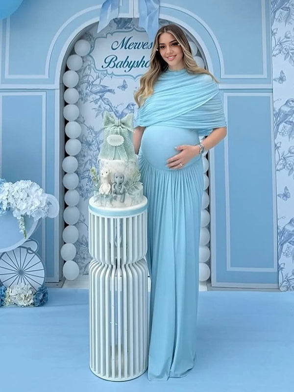 Beaumama robe longue grossesse chic babyshower irrégulier plissé fluide bleu clair femme enceinte