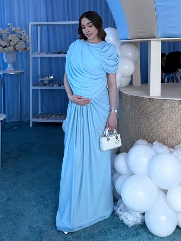 Beaumama robe longue grossesse chic babyshower irrégulier plissé fluide bleu clair femme enceinte
