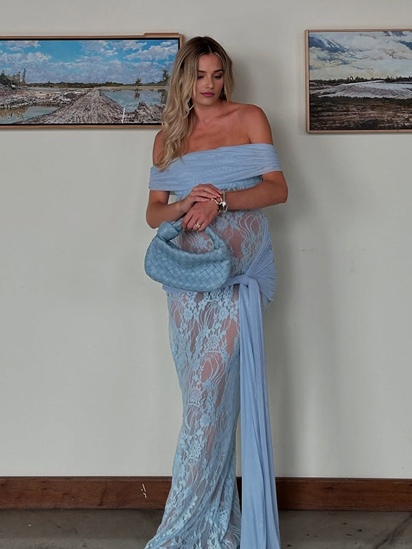 Beaumama robe longue grossesse chic cocktail dentelle épaule dénudée nœud bleu femme enceinte