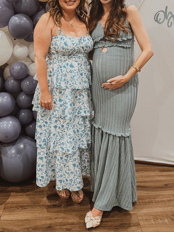 Beaumama robe longue grossesse chic babyshower volants épaule dénudée sirene bleu femme enceinte