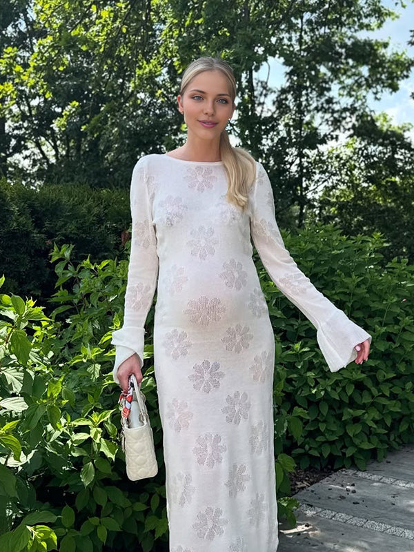 Beaumama robe longue grossesse chic élégant imprimé fleurie volants moulante blanche femme enceinte