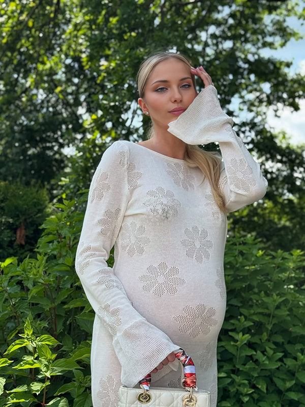 Beaumama robe longue grossesse chic élégant imprimé fleurie volants moulante blanche femme enceinte