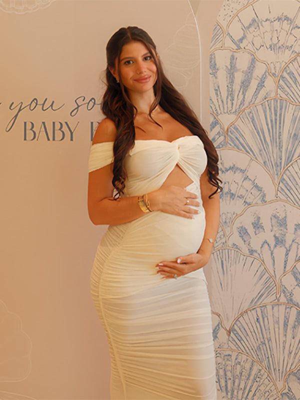 Beaumama robe longue grossesse plissé moulante femme enceinte babyshower blanche