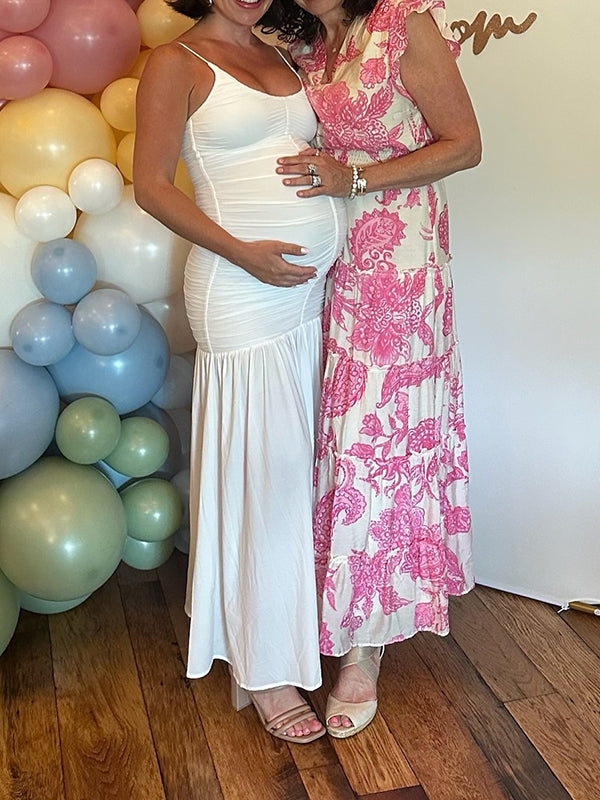 Beaumama robe longue grossesse chic babyshower spaghettiträger plissé fluide blanche femme enceinte