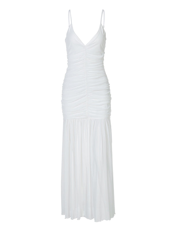 Beaumama robe longue grossesse chic babyshower spaghettiträger plissé fluide blanche femme enceinte