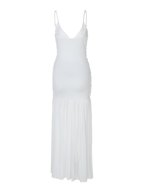 Beaumama robe longue grossesse chic babyshower spaghettiträger plissé fluide blanche femme enceinte