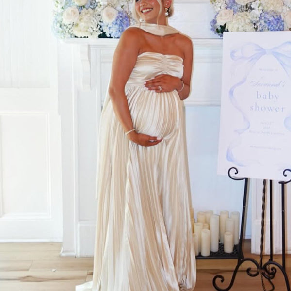 Beaumama robe longue grossesse chic babyshower bustier plissé ruban blanche femme enceinte