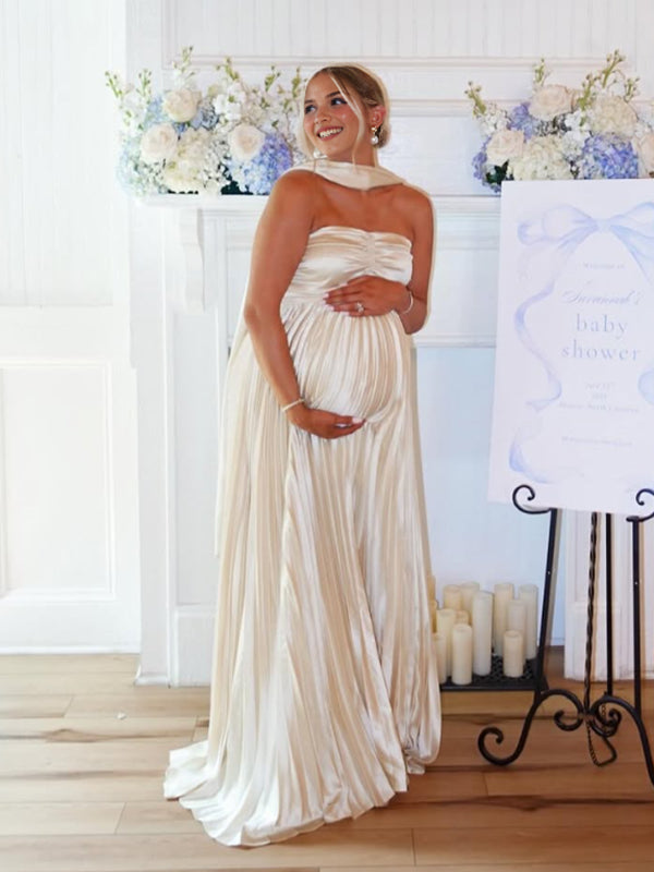 Beaumama robe longue grossesse chic babyshower bustier plissé ruban blanche femme enceinte