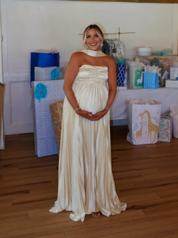 Beaumama robe longue grossesse chic babyshower bustier plissé ruban blanche femme enceinte