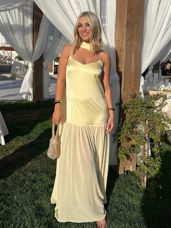 Beaumama robe longue grossesse chic babyshower tulle épissage ruban jaune femme enceinte