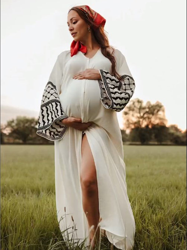 Beaumama robe photo longue grossesse chic tribal fente avant fluide blanche femme enceinte