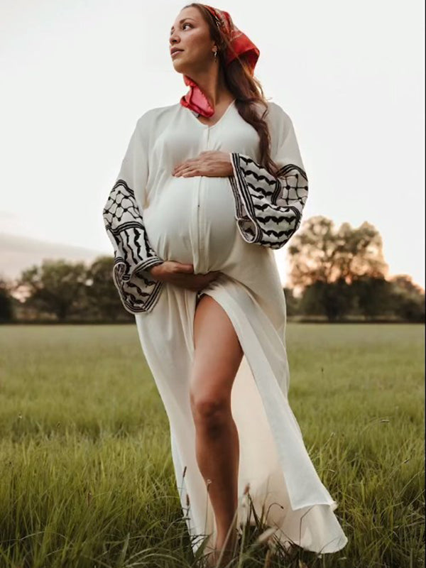 Beaumama robe photo longue grossesse chic tribal fente avant fluide blanche femme enceinte