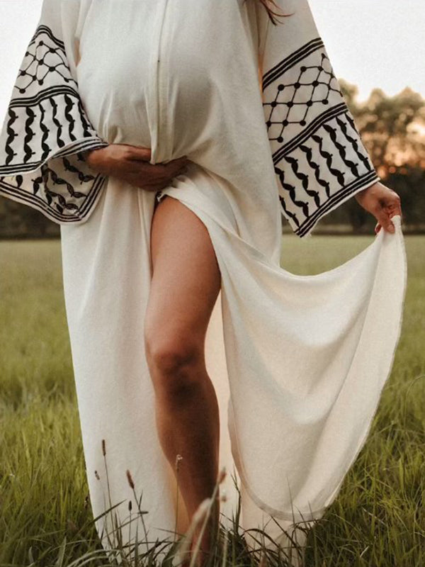 Beaumama robe photo longue grossesse chic tribal fente avant fluide blanche femme enceinte