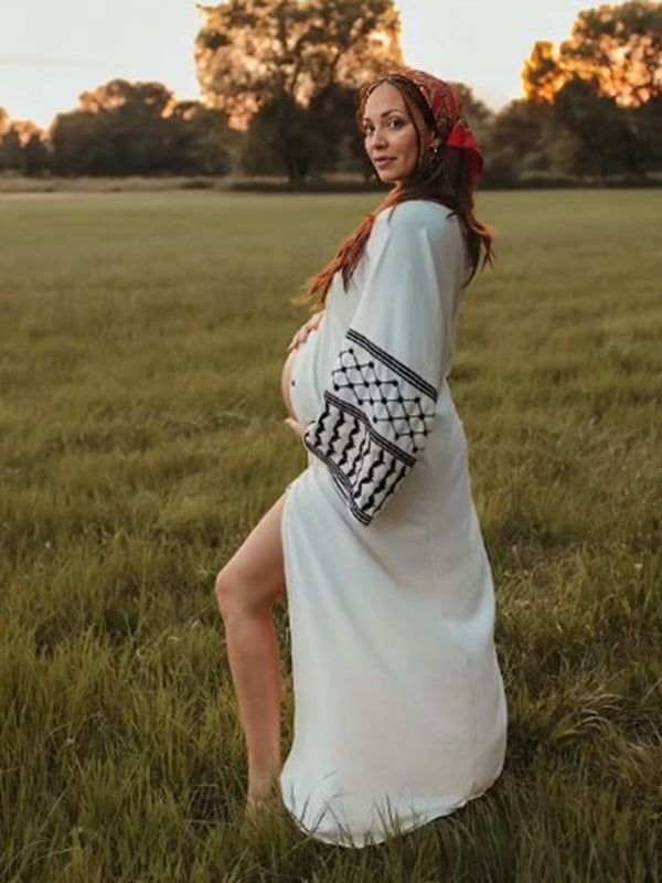 Beaumama robe photo longue grossesse chic tribal fente avant fluide blanche femme enceinte