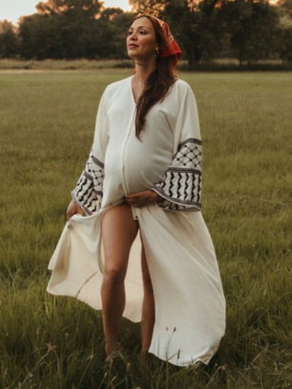 Beaumama robe photo longue grossesse chic tribal fente avant fluide blanche femme enceinte