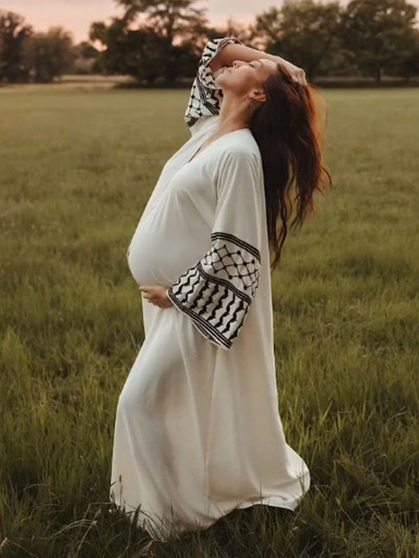 Beaumama robe photo longue grossesse chic tribal fente avant fluide blanche femme enceinte
