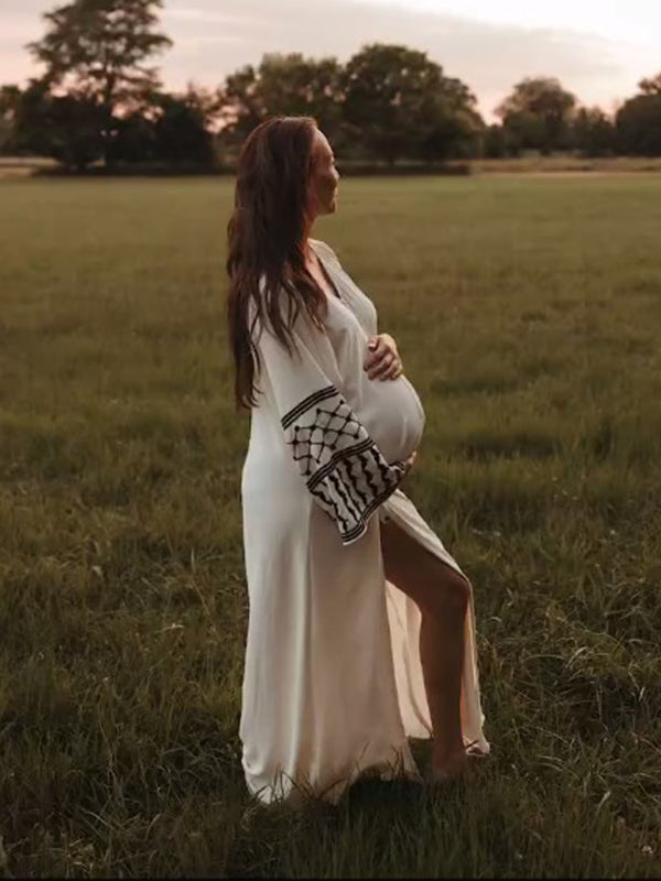 Beaumama robe photo longue grossesse chic tribal fente avant fluide blanche femme enceinte