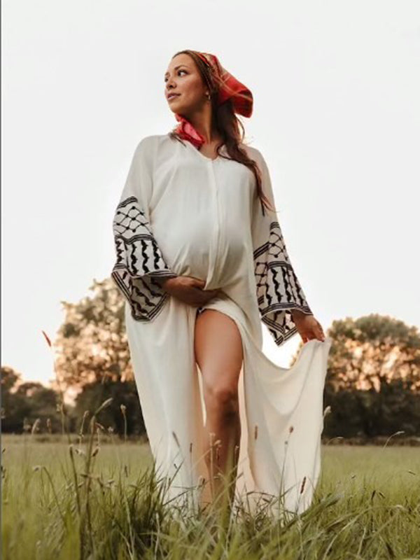Beaumama robe photo longue grossesse chic tribal fente avant fluide blanche femme enceinte