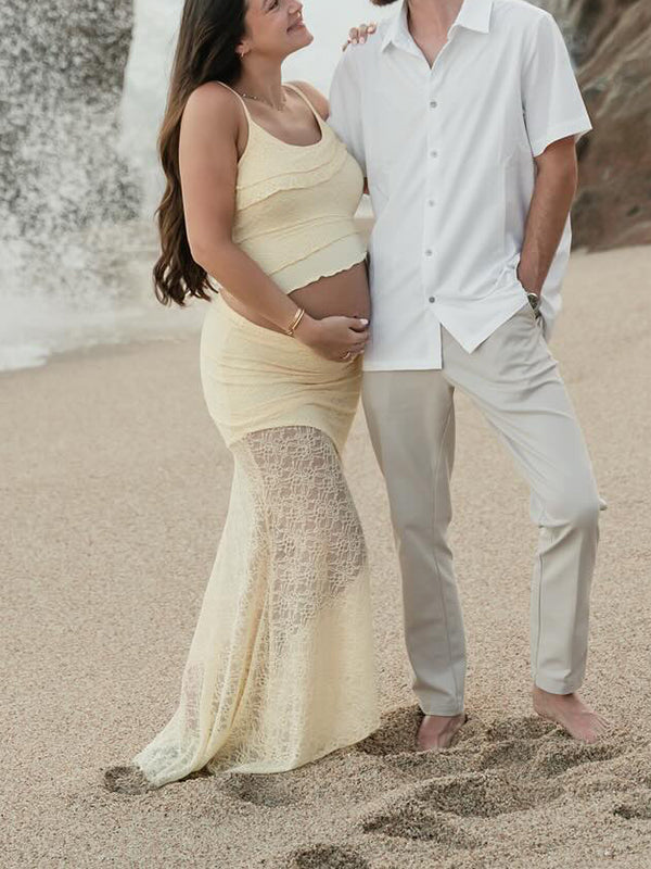 Beaumama robe photo longue grossesse chic 2 pièces dentelle irrégulier sirene femme enceinte