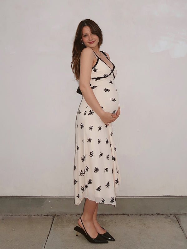 Beaumama robe longue grossesse chic vacances imprimé fleurie dentelle irrégulier fluide blanche femme enceinte