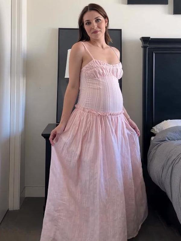 Beaumama robe longue grossesse chic vacances ruchés froncées fluide spaghettiträger femme enceinte