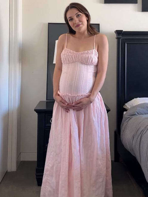 Beaumama robe longue grossesse chic vacances ruchés froncées fluide spaghettiträger femme enceinte