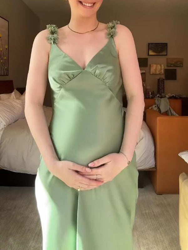 Beaumama robe longue grossesse chic élégant dos nu 3D fleurie strap satin femme enceinte