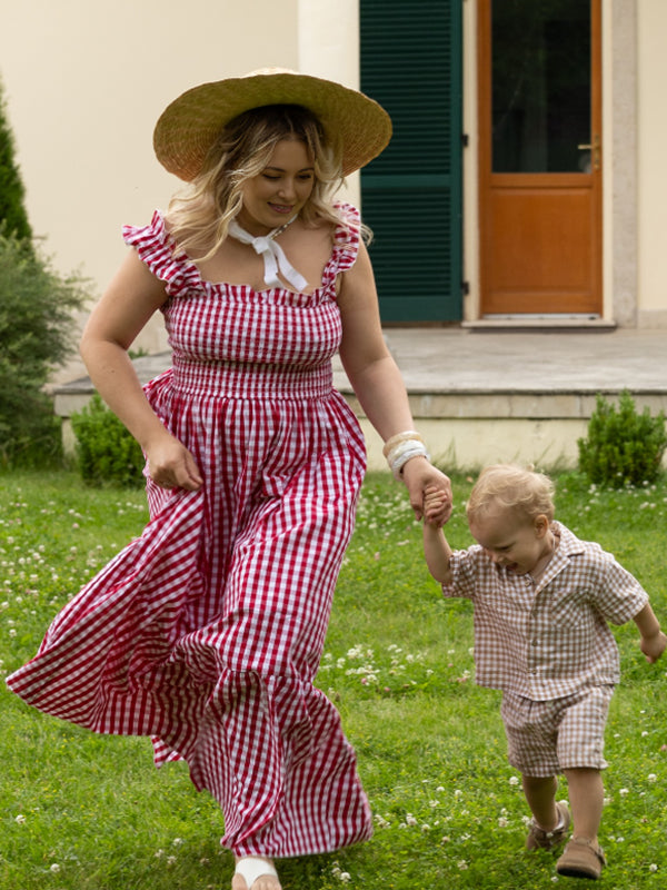 Beaumama robe longue grossesse volants plissé carreaux femme enceinte rouge