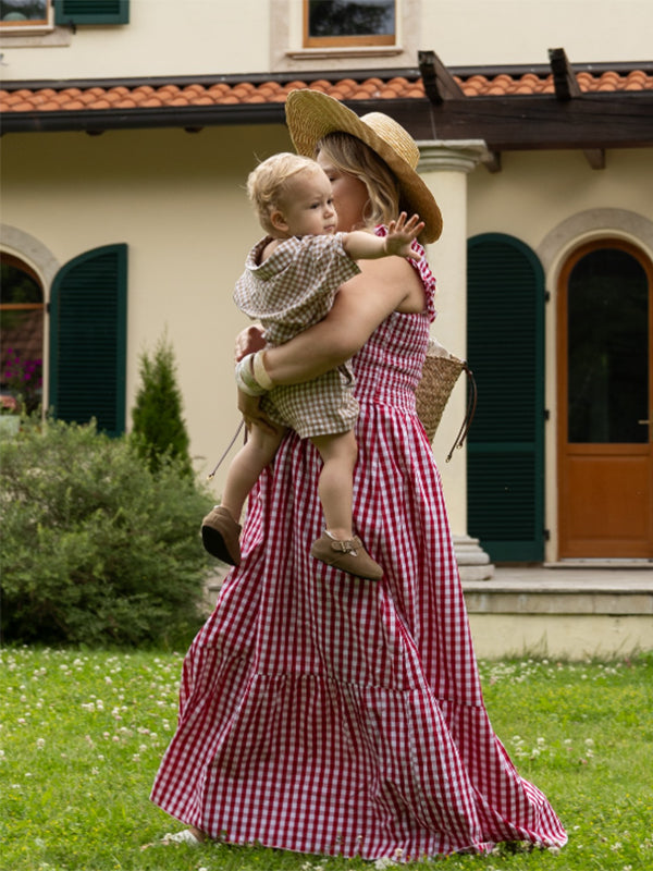 Beaumama robe longue grossesse volants plissé carreaux femme enceinte rouge