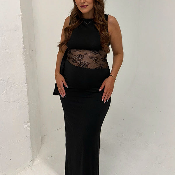 Beaumama robe longue grossesse chic cocktail dentelle épissage moulante noir femme enceinte