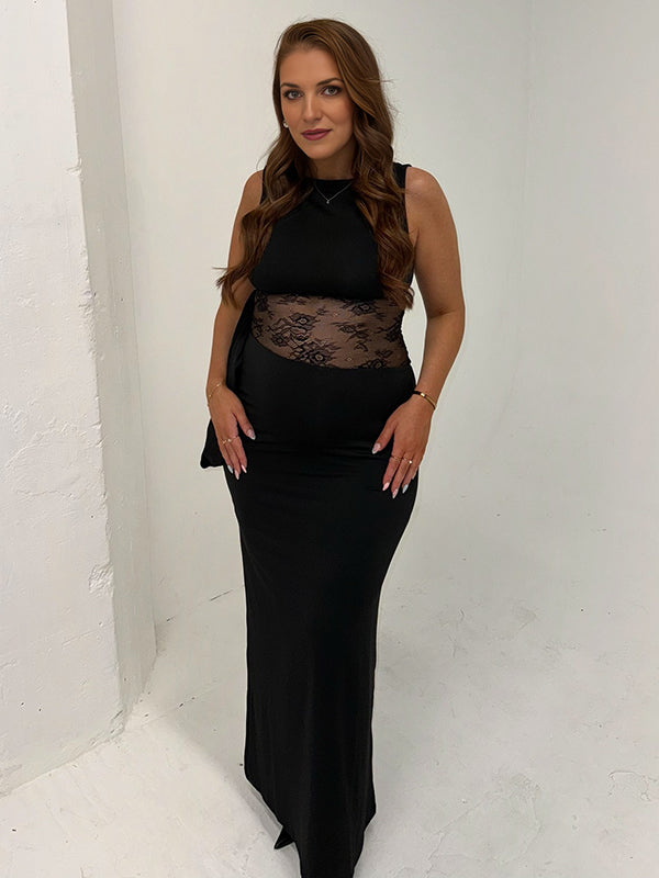Beaumama robe longue grossesse chic cocktail dentelle épissage moulante noir femme enceinte