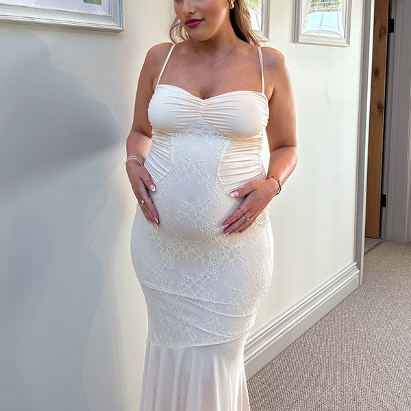 Beaumama robe longue grossesse chic cocktail dentelle sirene spaghettiträger abricot femme enceinte