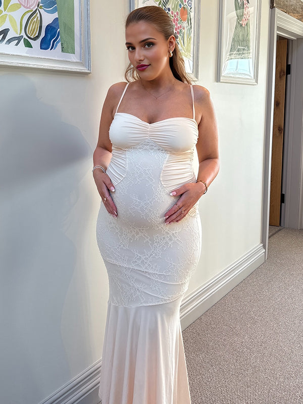 Beaumama robe longue grossesse chic cocktail dentelle sirene spaghettiträger abricot femme enceinte