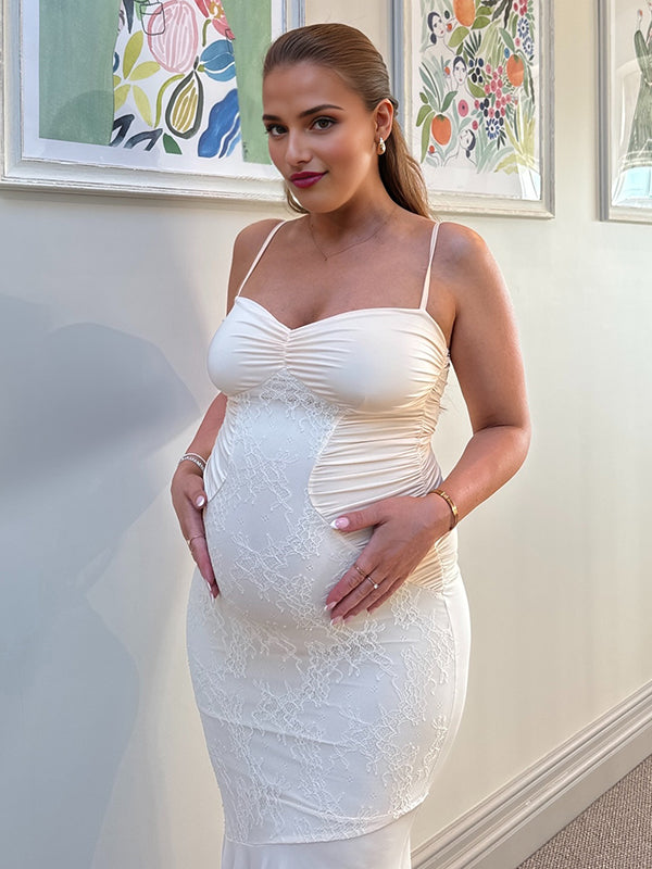 Beaumama robe longue grossesse chic cocktail dentelle sirene spaghettiträger abricot femme enceinte
