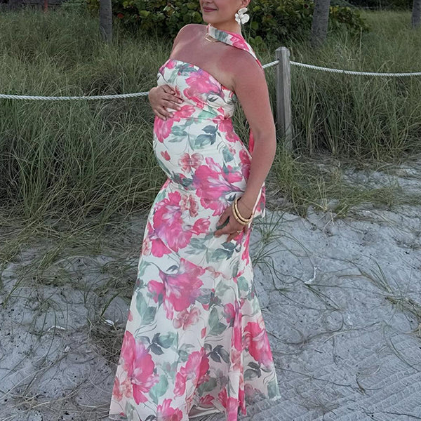 Beaumama robe longue grossesse chic vacances imprimé fleurie sirene ruban bustier abricot femme enceinte
