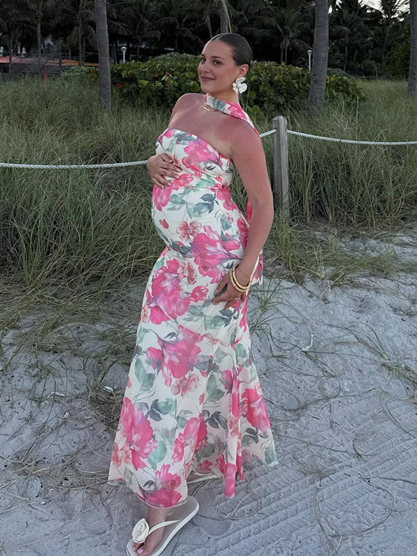 Beaumama robe longue grossesse chic vacances imprimé fleurie sirene ruban bustier abricot femme enceinte