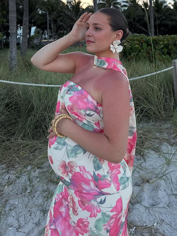 Beaumama robe longue grossesse chic vacances imprimé fleurie sirene ruban bustier abricot femme enceinte