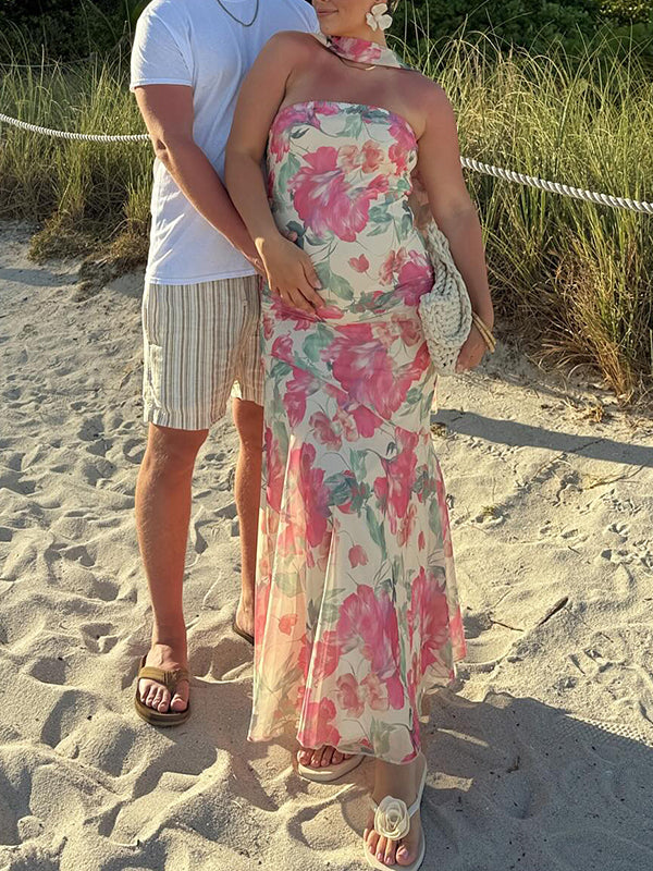 Beaumama robe longue grossesse chic vacances imprimé fleurie sirene ruban bustier abricot femme enceinte