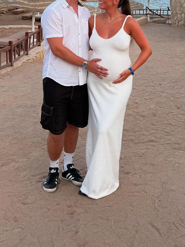 Beaumama robe longue grossesse chic vacances tricot torsadé strap dos nu moulante blanche femme enceinte